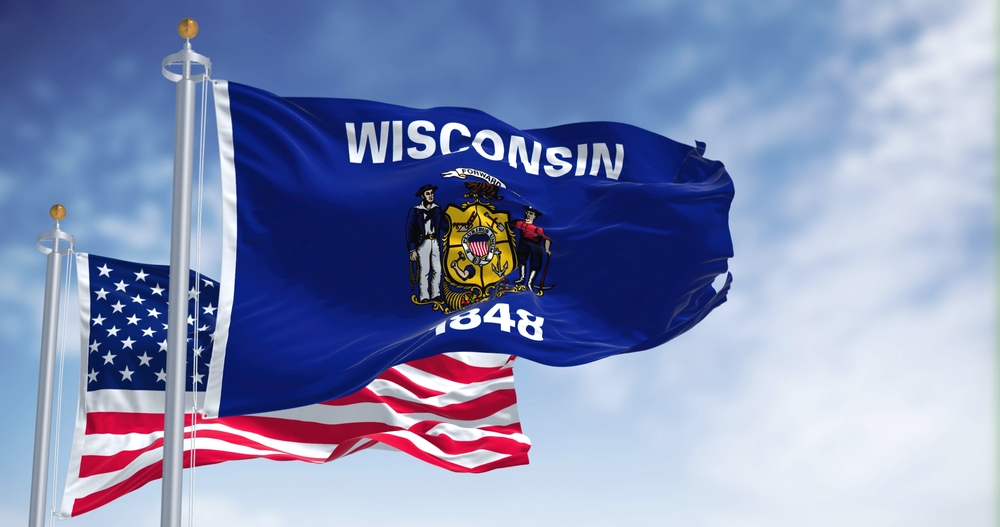 The,Wisconsin,State,Flag,Waving,Along,With,The,National,Flag