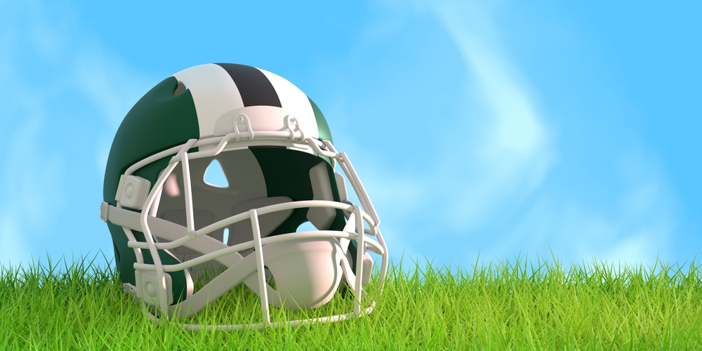 American,Football,Helmet,With,New,York,Jets,Team,Colors.,Green