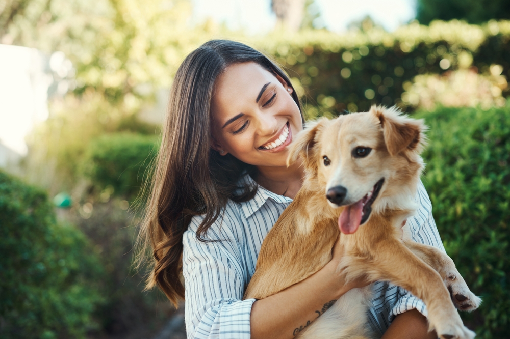 Outdoor,,Woman,And,Smile,For,Dog,Hug,With,Bonding,Time,