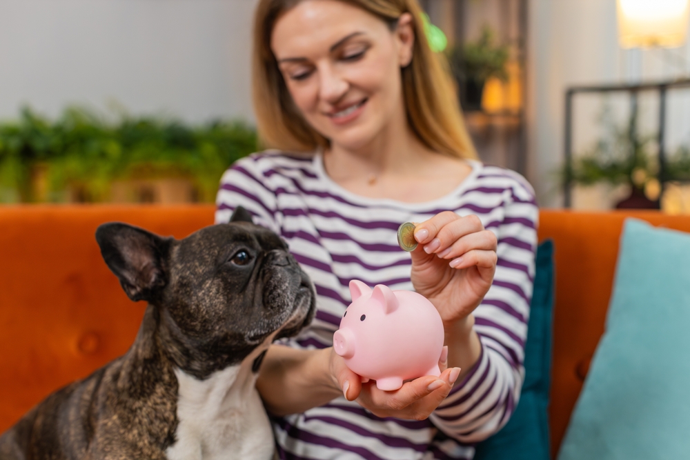 Middle Aged,Woman,With,French,Bulldog,At,Home,Drops,Coins,Into