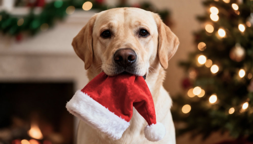 A,Charming,Labrador,Retriever,Holds,A,Santa,Hat,In,Its